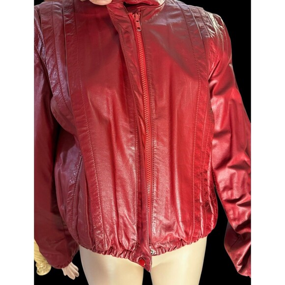 Vintage 80s red leather pleat assymetrical jacket Size  15/16 - Picture 8 of 14